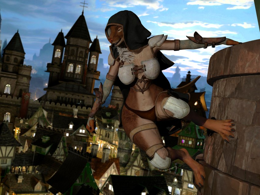 anthro armor big_breasts bikini_armor black_hair blue_sky breastplate breasts building city cityscape claws cleavage clothed clothing cloud curvy_figure dark_body dark_skin day detailed_background fantasy feet female hair hood jewelry navel outside pauldron rooftop scenery shoulder_armor sky solo thick_thighs thong town unconvincing_armor underwear wide_hips chadotexas mammal murid murine rat rodent 3d_(artwork) 4:3 absurd_res digital_media_(artwork) hi_res