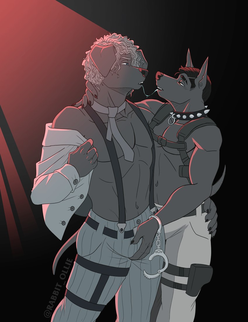 anthro blue_eyes bodily_fluids clothed clothing collar cuff_(restraint) detective duo grey_background hair handcuffs harness kissing male male/male metal_cuffs muscular muscular_anthro muscular_male necktie police restraints saliva shirtless simple_background spiked_collar spikes submissive suspenders ollie_rabbit canid canine canis domestic_dog mammal absurd_res digital_media_(artwork) greyscale hi_res monochrome