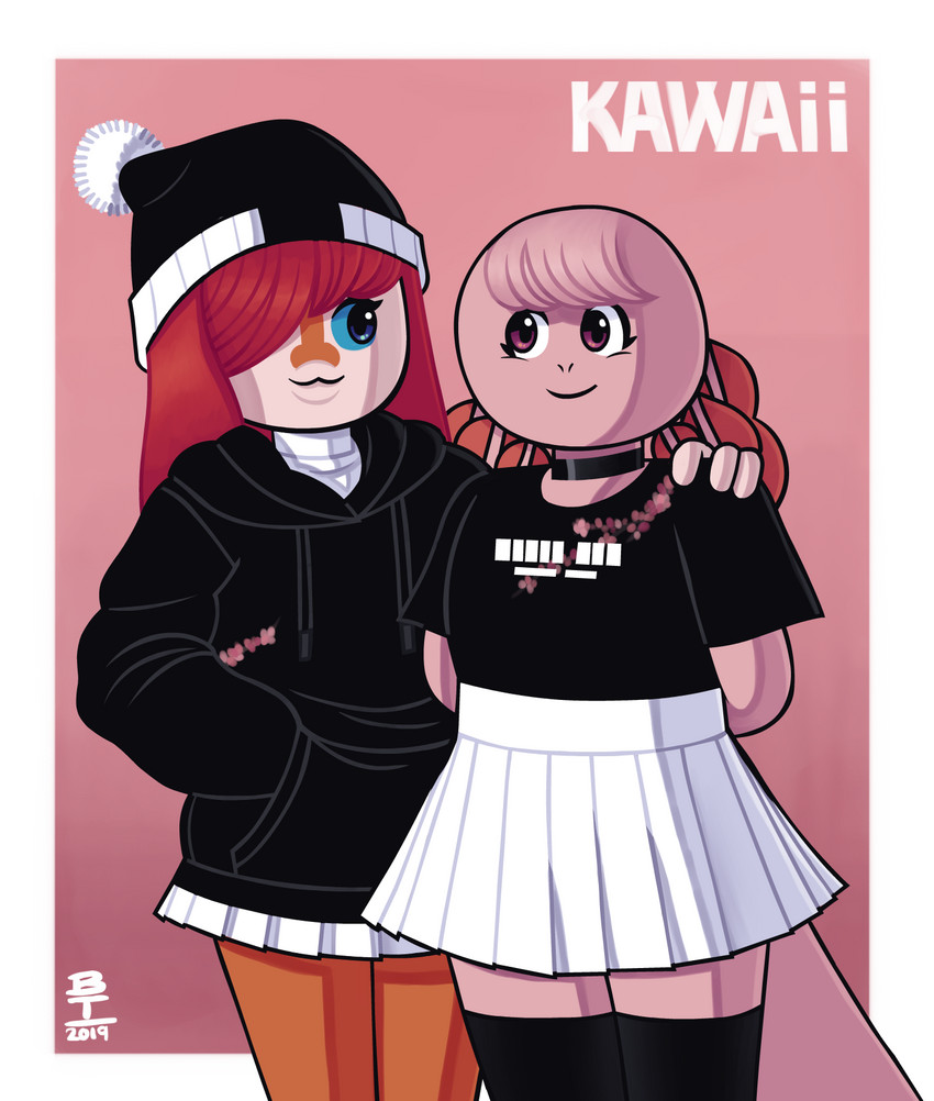 anthro blue_eyes blue_sclera bottomwear choker clothed clothing duo female fully_clothed hair hair_over_eye hat headgear headwear hoodie jewelry necklace one_eye_obstructed pink_eyes shirt skirt t-shirt topwear wazzaldorp real_axolotl_hours axey_(wazzaldorp) koi-chan amphibian amur_carp axolotl carp cyprinid cypriniform fish koi marine mole_salamander salamander typical_carp 2019 hi_res