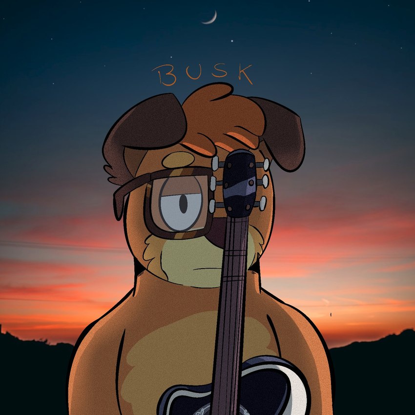 anthro black_eyes brown_ears brown_eyewear brown_glasses brown_nose eyewear front_view fur glasses guitar hair half-closed_eyes male moon multicolored_body multicolored_fur musical_instrument narrowed_eyes orange_body orange_fur orange_hair plucked_string_instrument pose solo standing string_instrument text two_tone_body two_tone_fur beargarbage bluey_(series) busker_(bluey) canid canine canis domestic_dog irish_terrier mammal 2022 digital_media_(artwork) hi_res