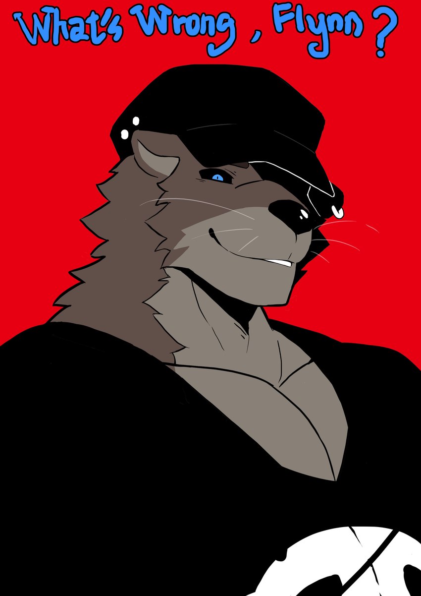 anthro black_sclera blue_eyes brown_body brown_fur clothing countershade_face countershade_torso countershading ear_piercing ear_ring fur grey_body grey_countershading grey_fur hat headgear headwear male muscular muscular_anthro muscular_male pecs piercing red_background ring_piercing simple_background smile solo text whiskers white_whiskers rhesa_dox echo_(game) echo_(series) echo_project sydney_bronson mammal mustelid otter 2022 absurd_res english_text hi_res