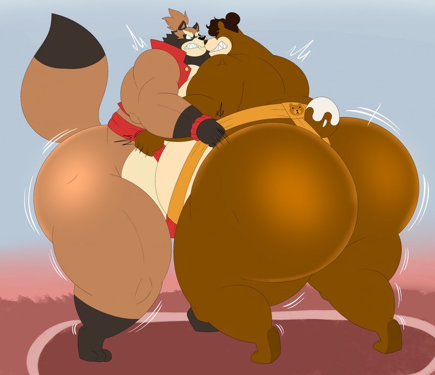 anthro big_butt brown_body brown_fur brown_hair bubble_butt butt clenched_teeth duo eye_contact fur hair hair_bun huge_butt huge_thighs looking_at_another male obese obese_anthro obese_male overweight overweight_anthro overweight_male standing sumo sumo_wrestling teeth thick_thighs wide_hips wrestling megacoolbear_(artist) cinna_(megacoolbear) bear canid canine mammal raccoon_dog tanuki