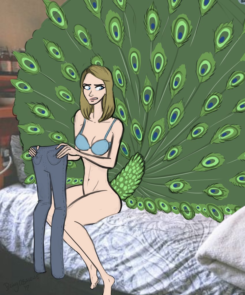 annoyed bed blue_eyes bottomless bottomwear bra breasts brown_hair clothed clothing denim denim_bottomwear denim_clothing female furniture hair implied_transformation jeans mismatched_sexual_dimorphism navel on_bed pants photo_background sitting solo underwear beingobscene animal_humanoid avian avian_humanoid bird bird_humanoid galliform galliform_humanoid humanoid peafowl peafowl_humanoid phasianid 2017 absurd_res compression_artifacts hi_res photography_(artwork) sketch