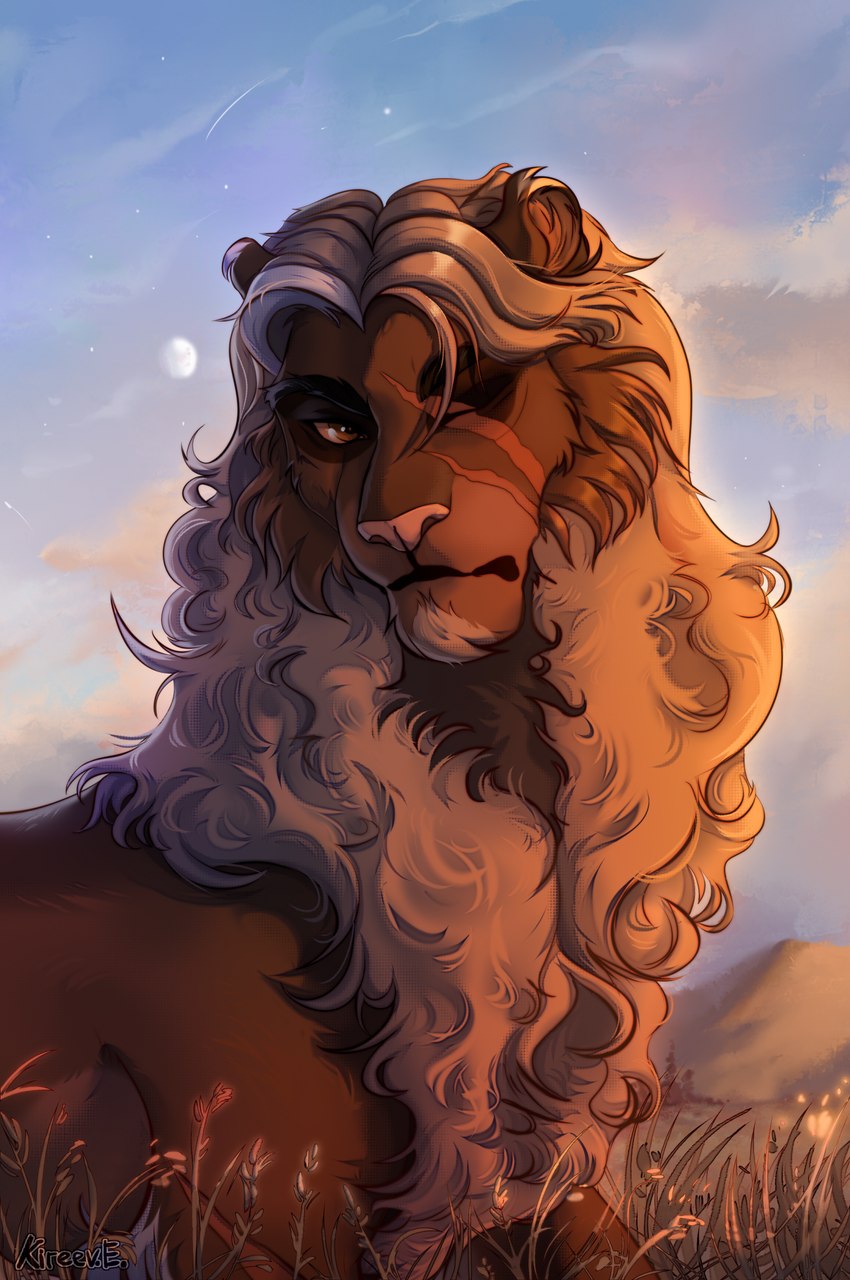 brown_body cloud detailed_background eye_scar facial_scar feral fur glamorous grey_body grey_fur grey_hair hair male moon outside pink_nose plant scar sky solo star white_body white_fur white_hair kombat300 disney the_lion_king fan_character felid lion mammal pantherine digital_media_(artwork) hi_res