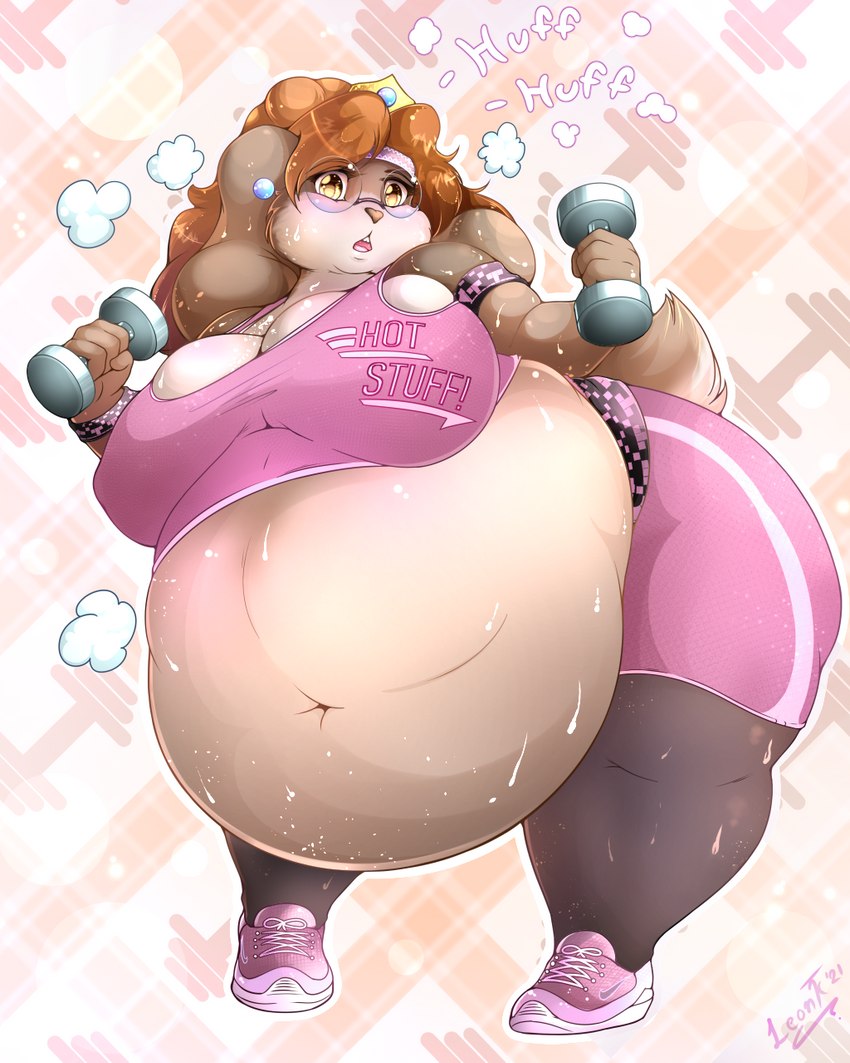 anthro belly big_belly bodily_fluids dumbbell eyewear female glasses huge_belly hyper hyper_belly obese obese_anthro obese_female overweight overweight_anthro overweight_female solo sweat weights leonkatlovre may_(garuda_six) lagomorph leporid mammal rabbit 4:5 hi_res