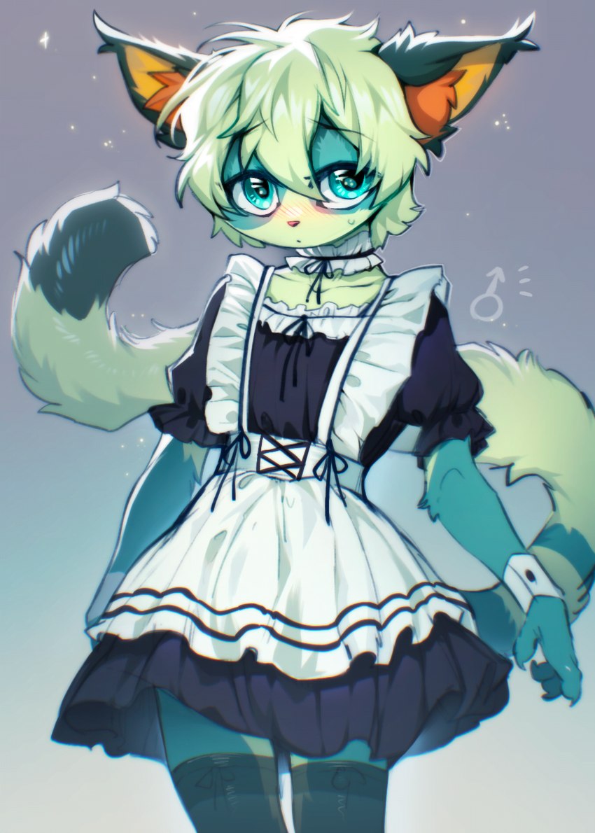 4_fingers alternative_fashion anthro apron blush bodily_fluids casual_lolita claws clothed clothing collarbone crossdressing dress ear_tuft femboy fingers fur gender_symbol green_body green_eyes green_fur green_hair hair inner_ear_fluff j-fashion lolita_(fashion) long_tail maid_uniform male male_symbol multicolored_body multicolored_fur orange_body orange_fur pink_nose ribbons short_hair solo standing sweat sweatdrop symbol tail tuft uniform yellow_inner_ear swaybat domestic_cat felid feline felis mammal 2022 digital_media_(artwork) hi_res