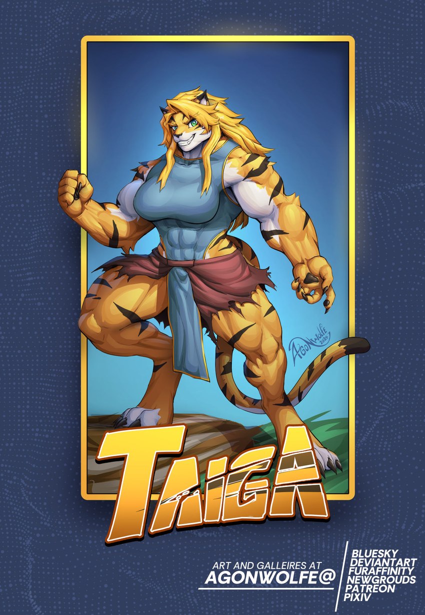 anthro big_breasts biped blonde_hair breasts claws digitigrade female green_eyes hair muscular muscular_female pose toe_claws agonwolfe taiga_(rekidesu) felid mammal pantherine tiger hi_res