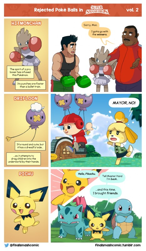 ambiguous_gender anthro black_eyes black_hair blue_eyes boxing_gloves clothing female feral greeting group hair handwear male text yayster animal_crossing nintendo pokemon punch-out!! super_smash_bros. doc_louis isabelle_(animal_crossing) little_mac canid canine canis domestic_dog drifloon generation_1_pokemon generation_2_pokemon generation_4_pokemon hitmonchan human ivysaur mammal pichu pikachu pokemon_(species) shih_tzu squirtle toy_dog crossover english_text hi_res url