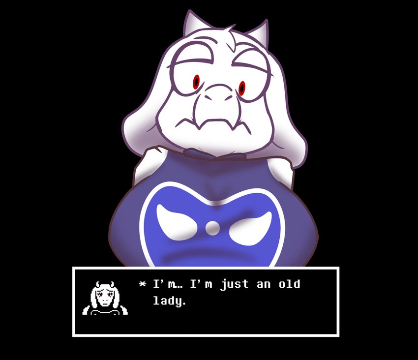 big_breasts black_background breasts clothing female horn narrowed_eyes purple_clothing simple_background solo text text_box white_body karkrx23 undertale undertale_(series) toriel boss_monster_(undertale) bovid caprine mammal english_text hi_res