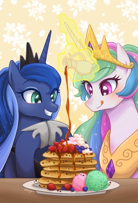 blue_eyes blush crown duo female feral food grin hair headgear horn jewelry long_hair magic multicolored_hair necklace pancake royalty smile tongue tongue_out buryooooo friendship_is_magic hasbro my_little_pony mythology princess_celestia_(mlp) princess_luna_(mlp) equid equine mammal mythological_creature mythological_equine unicorn 2017 absurd_res hi_res sibling_(lore) sister_(lore) sisters_(lore)