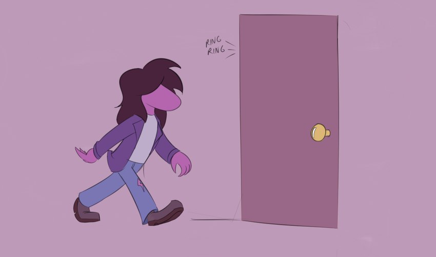 anthro bottomwear clothed clothing door doorbell doorframe doorknob female footwear hair hair_over_eyes inside jacket long_hair onomatopoeia pants purple_body shirt shoes simple_background solo sound_effects text topwear torn_bottomwear torn_clothing torn_pants walking robotgloveart_(artist) deltarune undertale_(series) susie_(deltarune) reptile scalie digital_media_(artwork) english_text