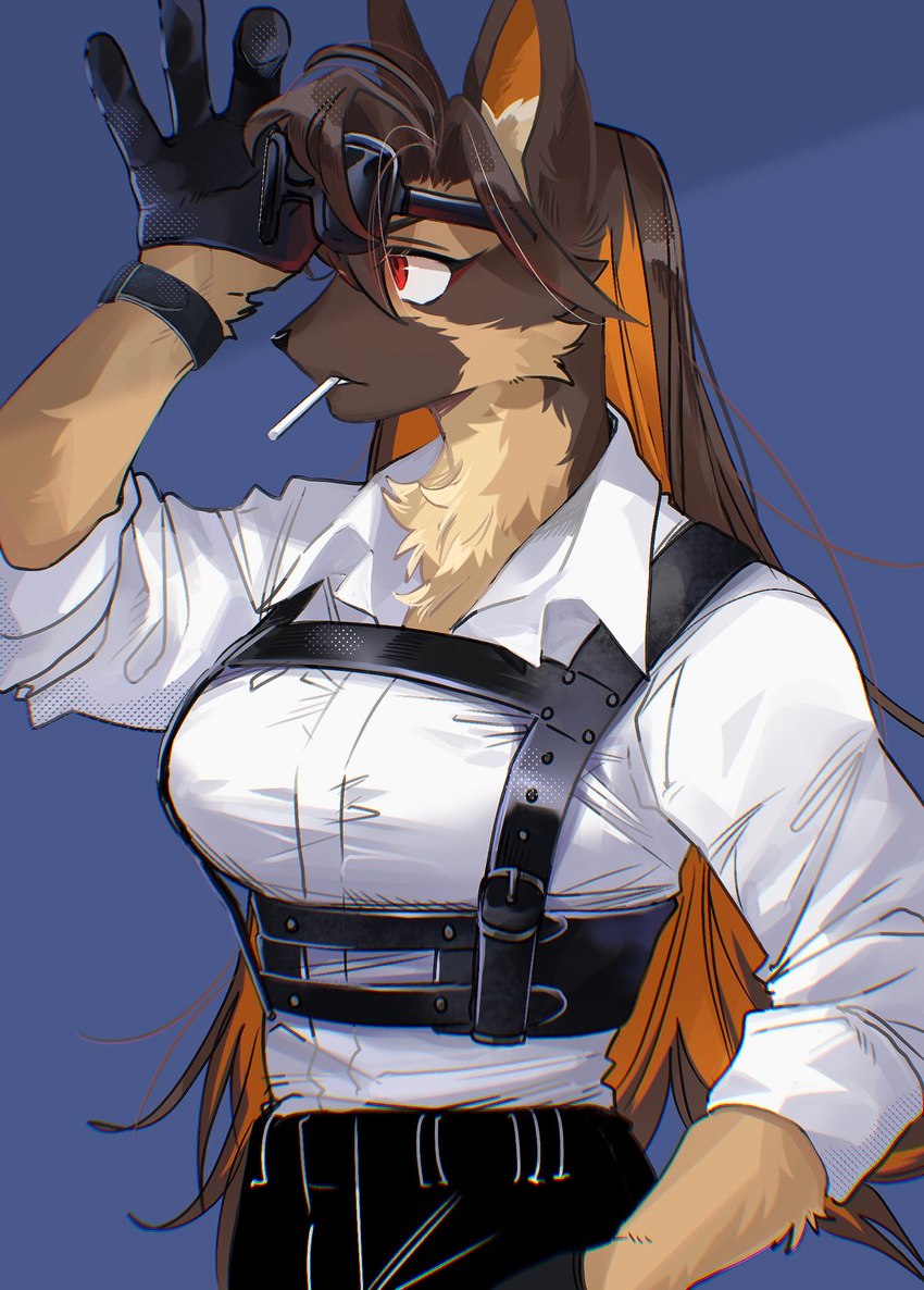 anthro big_breasts breasts brown_body brown_fur cigarette cigarette_in_mouth clothed clothing eyewear female fur hair object_in_mouth red_eyes simple_background solo sunglasses tan_body tan_fur ng_hus oji_(ng_hus) canid canine canis domestic_dog mammal hi_res