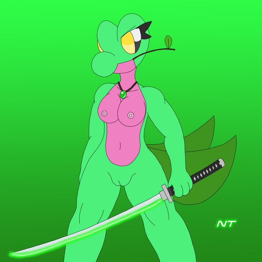 2_tails anthro belly biped black_outline breasts confident countershading eyelashes female front_view genitals green_background green_body holding_melee_weapon holding_object holding_sword holding_weapon jewelry katana laser_sword looking_back melee_weapon multi_tail necklace nipples nude object_in_mouth outline pink_belly pink_body pink_countershading pokemorph pupils pussy simple_background slit_pupils solo spread_legs spreading standing stick sword tail twig weapon yellow_eyes ninjatreecko nintendo pokemon fan_character fern_shinamori generation_3_pokemon pokemon_(species) reptile scalie treecko 1:1 digital_media_(artwork) green_theme hi_res portrait three-quarter_portrait