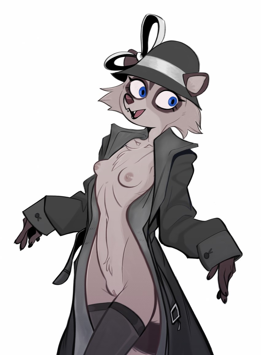 anthro blue_eyes breasts cheek_tuft chest_tuft cloche_hat clothed clothing coat cute_fangs facial_tuft fangs female fur grey_body grey_fur hat headgear headwear legwear nipples open_clothing open_coat open_topwear partially_clothed simple_background slim small_breasts small_waist solo standing stockings teeth topless topwear trenchcoat tuft white_background lenyavok nicky_(lenyavok) mammal procyonid raccoon hi_res