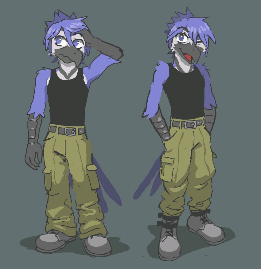 anthro blue_body blue_feathers bottomwear cargo_pants clothing feathers footwear male pants shirt shoes solo tank_top topwear azurex avian bird blue_jay corvid jay_(bird) new_world_jay oscine passerine