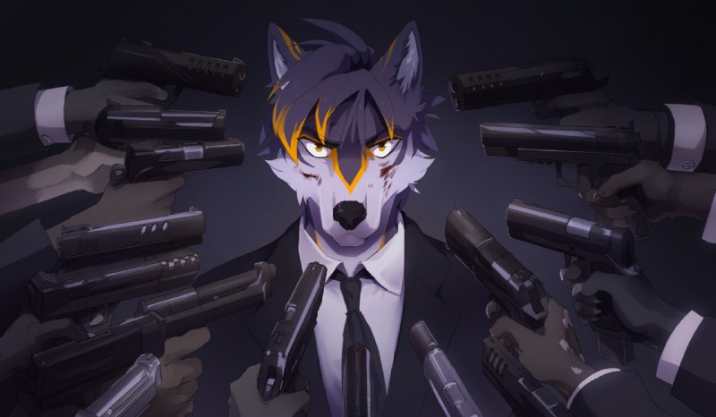 anthro bad_trigger_discipline black_nose bottomwear business_suit clothed clothing fur group gun hair handgun holding_gun holding_handgun holding_object holding_pistol holding_ranged_weapon holding_weapon inner_ear_fluff looking_at_viewer male multicolored_body multicolored_fur pants parody pecs pistol ranged_weapon simple_background solo_focus standing suit tuft weapon white_body white_fur yellow_eyes indui john_wick agonylight canid canine canis mammal wolf digital_media_(artwork)