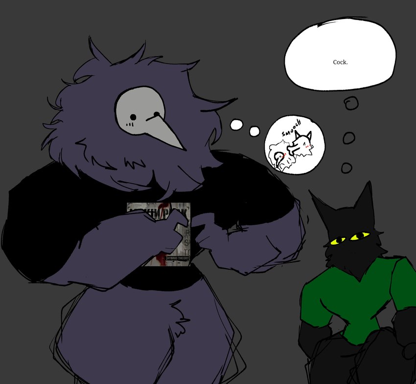 anthro black_body derp_eyes dot_eyes duo evilsnak3 male mask muscular muscular_anthro muscular_male nervous purple_body silly simple_background simple_coloring simple_eyes size_difference smaller_male thought_bubble yellow_eyes cu3rvo linkin_park kavro_(cu3rvo) kuro_(cu3rvo) avian bird corvid corvus_(genus) crow domestic_cat felid feline felis mammal oscine passerine raven absurd_res hi_res meme