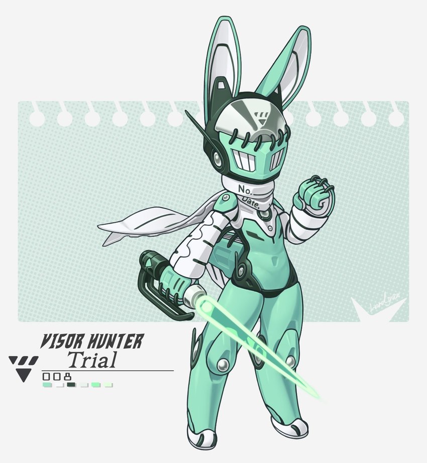 ambiguous_gender anthro biped blue_body green_body holding_knife holding_object knife looking_at_viewer scarf slim_ambiguous slim_anthro solo standing white_eyes white_scarf lordyanyu lagomorph leporid mammal rabbit 2024 hi_res