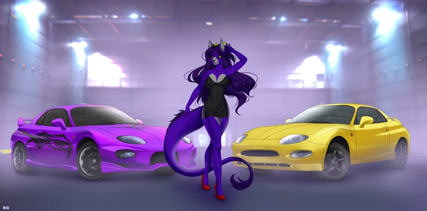 anthro breasts car cleavage clothed clothing dress female footwear fur high_heels horn purple_body purple_fur shoes solo tail vehicle romanginzburg mitsubishi mitsubishi_fto iris_grim canid canine canis felid feline jaguarundi lycafel mammal wolf absurd_res hi_res