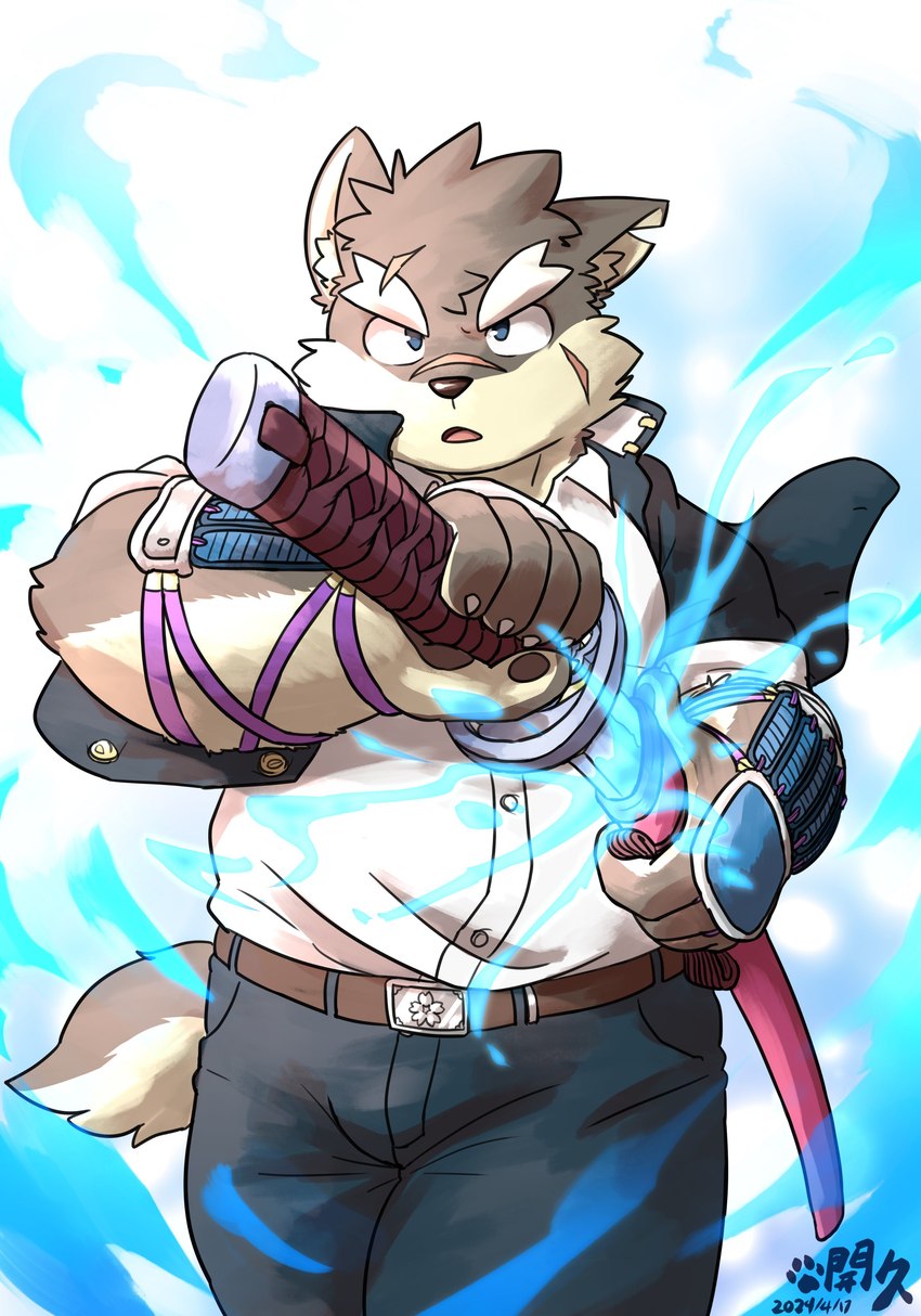 anthro armguards belt blue_eyes clothing eyebrows fur grey_body grey_fur katana male melee_weapon scar school_uniform slightly_chubby solo sword thick_eyebrows uniform unsheathing_sword unsheathing_weapon weapon reddo12340 lifewonders tokyo_afterschool_summoners moritaka_(tas) canid canine canis domestic_dog mammal absurd_res hi_res