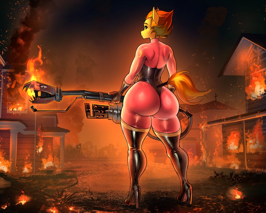 alternate_species anthro anthrofied big_butt black_boots black_clothing black_footwear black_latex blonde_hair bodysuit boots bubble_butt butt clothing female fire flamethrower footwear gloves hair handwear high_heeled_boots high_heels latex latex_clothing legwear looking_at_viewer looking_back looking_back_at_viewer multicolored_hair orange_hair ranged_weapon red_latex shoes skinsuit skintight_suit solo tail tail_wraps thick_thighs thigh_boots thigh_highs tight_clothing town two_tone_hair weapon wraps transfaled friendship_is_magic hasbro my_little_pony team_fortress_2 valve pyro_(team_fortress_2) spitfire_(mlp) wonderbolts_(mlp) earth_pony equid equine horse mammal pony hi_res