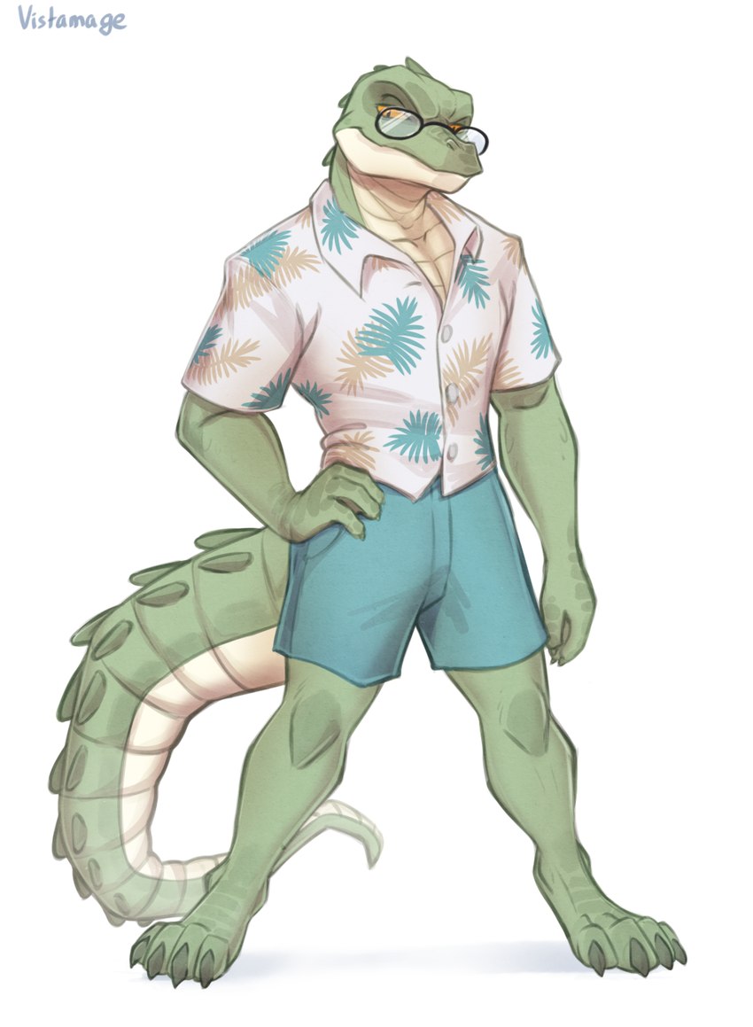 aloha_shirt anthro big_tail bottomwear clothing eyewear glasses green_body male pattern_clothing pattern_shirt pattern_topwear shirt shorts solo tail topwear white_body yellow_eyes vistamage crocodile crocodilian reptile scalie hi_res