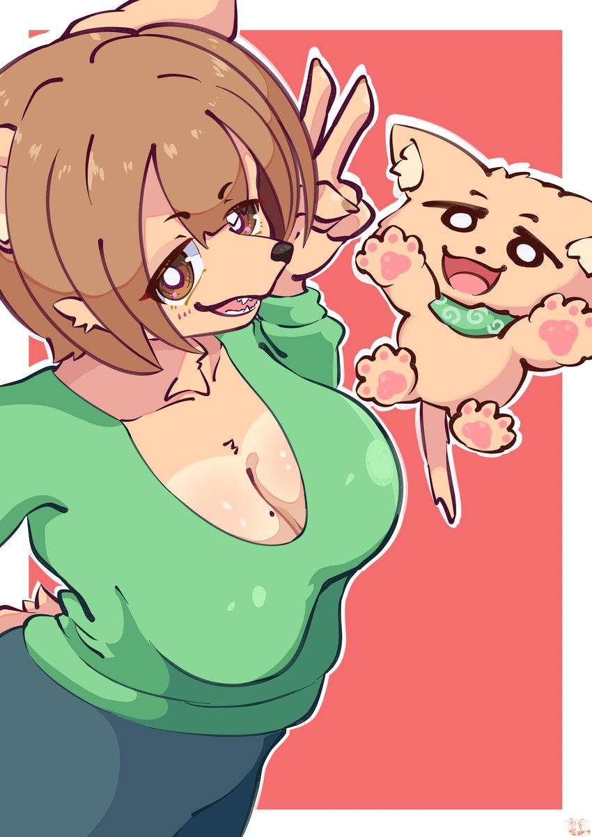 ambiguous_gender anthro bottomwear breasts cleavage clothed clothing duo female fully_clothed fur gesture green_clothing green_topwear hair hand_gesture larger_anthro larger_female pawpads pink_pawpads pink_tongue size_difference smaller_ambiguous teeth tongue topwear v_sign himeko_nodanuki tsukareta-inu_no_anime canid canine canis domestic_dog mammal 2025 absurd_res hi_res