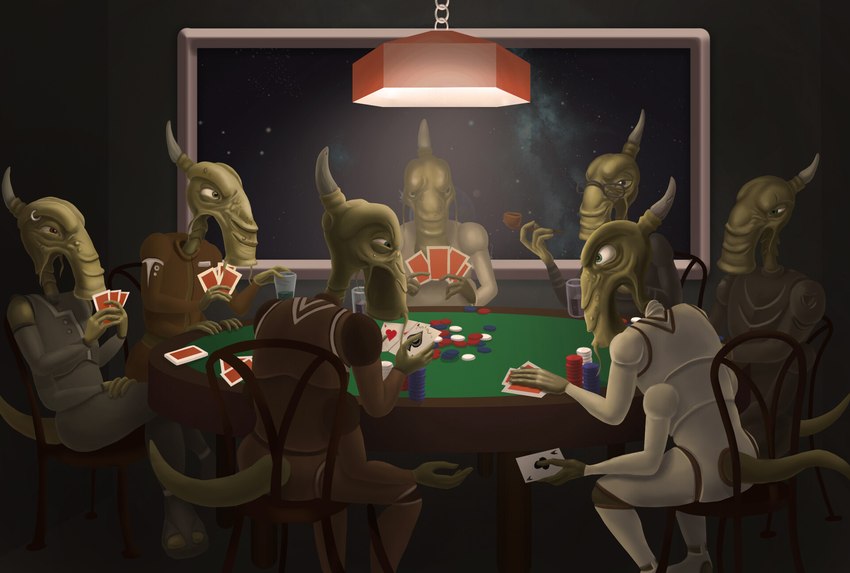 anthro barbel_(anatomy) card card_deck card_game card_hand chair cheat clothed clothing eyewear facial_piercing furniture gambling gaming glare glasses group hiding_cards holding_card holding_object holding_single_card inside lamp male nervous open_mouth piercing playing_card poker sitting stack table whiskers smashnik 1c_company dogs_playing_poker elemental_games katauri_interactive space_rangers alien amphibian peleng 2020 digital_media_(artwork) digital_painting_(artwork) hi_res inspired_by_formal_art painting_(artwork)