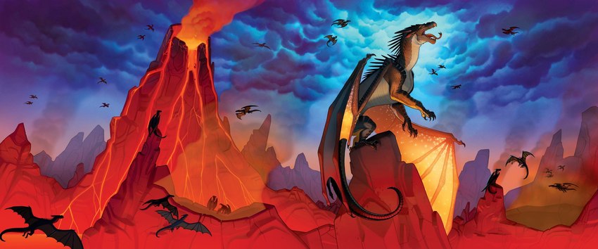 amazing_background ambiguous_gender claws cloud detailed_background eruption feral flying forked_tongue grey_body grey_scales group horn lava light membrane_(anatomy) membranous_wings on_hind_legs open_mouth outside overcast perching quadruped rock scales sky smoke solo_focus spikes spikes_(anatomy) tail tongue tongue_out volcano wings joy_ang european_mythology mythology wings_of_fire starflight_(wof) dragon mythological_creature mythological_scalie nightwing_(wof) scalie western_dragon book_cover cover detailed digital_media_(artwork) hi_res official_art