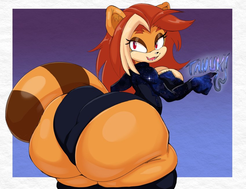 big_breasts big_butt blue_background breasts butt clothing cosmic_clothing female huge_butt hyper hyper_butt leotard sharp_teeth simple_background solo teeth thick_thighs purple_yoshi_draws starla_(ownintime) canid canine mammal raccoon_dog tanuki 2023 hi_res