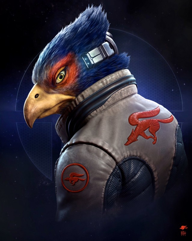 anthro beak biped blue_body blue_feathers clothed clothing eye_ring feathers fully_clothed green_eyes jacket looking_at_viewer male photorealism rear_view red_eye_ring solo topwear yellow_beak raf_grassetti nintendo star_fox falco_lombardi avian bird bust_portrait digital_media_(artwork) hi_res portrait