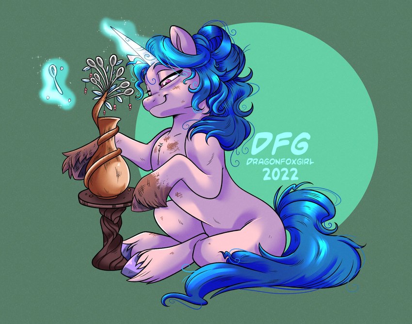 blue_hair clay female fetlocks fur glowing hair horn levitation magic messy_hair pottery purple_body purple_fur simple_background solo sparkles vase dragonfoxgirl hasbro mlp_g5 my_little_pony mythology izzy_moonbow_(mlp) equid equine mammal mythological_creature mythological_equine unicorn hi_res