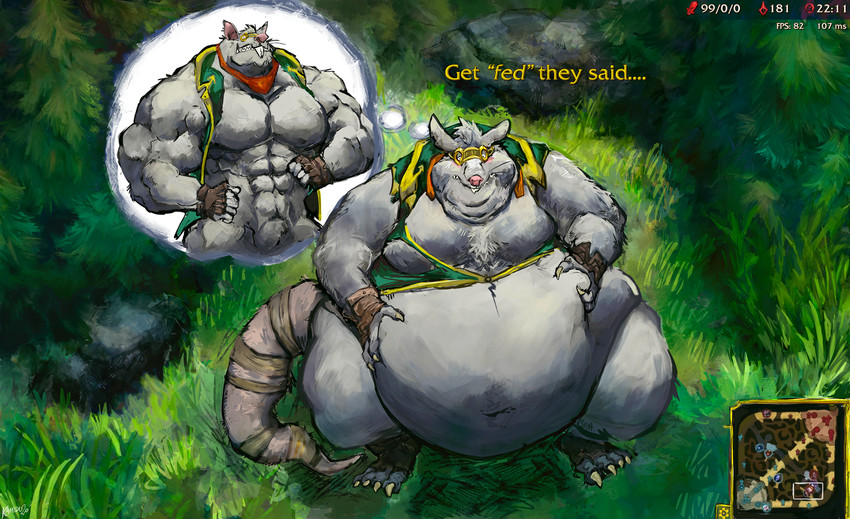 4_toes 5_fingers abs anthro athletic athletic_anthro athletic_male bandage belly belly_grab belly_overhang big_belly big_tail blush buckteeth chest_tuft claws cloak clothing dialogue double_chin eyewear eyewear_on_head feet finger_claws fingers fur gloves goggles goggles_on_head grass green_cloak green_clothing grey_body grey_fur grey_hair hair handwear kerchief long_tail male moobs muscular muscular_anthro muscular_male navel obese obese_anthro obese_male outside overweight overweight_anthro overweight_male pecs pink_ears pink_nose plant rat_tail red_kerchief red_scarf rock scarf solo standing tail teeth text thought_bubble toe_claws toes torn_clothing tree tuft weight_gain whiskers white_claws aokamidu league_of_legends riot_games tencent twitch_(lol) mammal murid murine rat rodent english_text hi_res