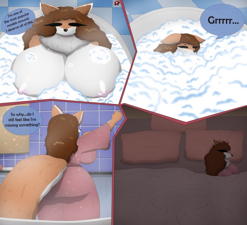 anthro bath bathing bathroom bathtub bed bedroom big_breasts big_butt breasts brown_hair bubble_bath butt clothed clothing countershade_arms countershade_face countershade_torso countershading dialogue female fluffy fluffy_tail freckles fur furniture hair huge_breasts huge_butt inner_ear_fluff model neck_tuft nightgown nipples nude orange_body orange_fur pink_nipples sleeping slightly_chubby solo steam tail text tired tuft white_body white_fur wide_hips stylish_apollo maya_halkavich canid canine canis domestic_dog husky mammal nordic_sled_dog red_husky spitz absurd_res english_text hi_res