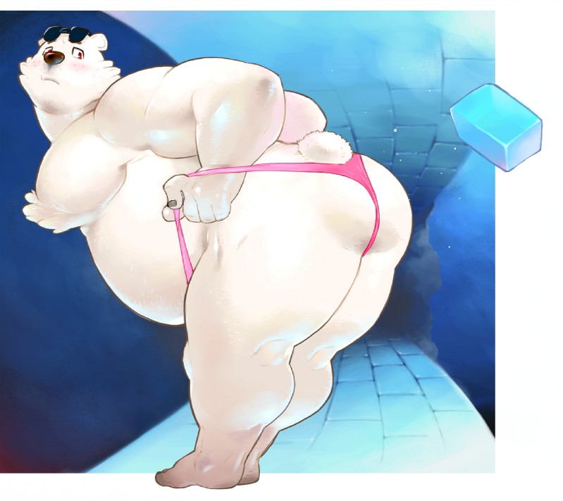 anthro barazoku bent_over biped blush butt clothed clothing eyewear looking_back male obese obese_anthro obese_male overweight overweight_anthro overweight_male pink_clothing pink_thong pink_underwear red_eyes skimpy solo standing sunglasses thong topless underwear wedgie kira_nerisu ice_climber nintendo polar_bear_(ice_climber) bear mammal polar_bear ursine