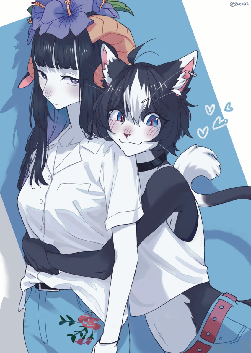 anthro clothed clothing duo female female/female shirt tank_top topwear zuekrz mika_(zuekrz) violet_(zuekrz) bovid caprine domestic_cat felid feline felis goat mammal hi_res