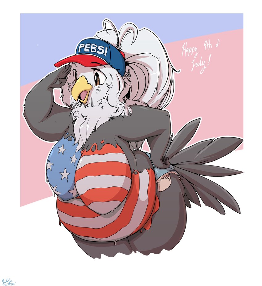 5_fingers american_flag anthro beak belly big_belly big_breasts bodypaint bottomwear breasts brown_eyebrows brown_eyes clothing cutoffs denim denim_bottomwear denim_clothing eyebrows eyelashes feathers female fingers front_view grey_body grey_feathers grey_tail hand_on_hip hat headgear headwear holidays huge_breasts huge_hips huge_thighs love_handles nipples non-mammal_breasts obese obese_anthro obese_female open_beak open_mouth open_smile overweight overweight_anthro overweight_female painted_breasts pink_tongue shorts smile solo tail tail_feathers text text_on_clothing text_on_hat text_on_headwear thick_thighs tongue united_states_of_america wide_hips yellow_beak garuda_six 4th_of_july miss_america_(garuda_six) accipitrid accipitriform avian bald_eagle bird eagle sea_eagle 2021 absurd_res dated digital_media_(artwork) english_text hi_res shaded signature