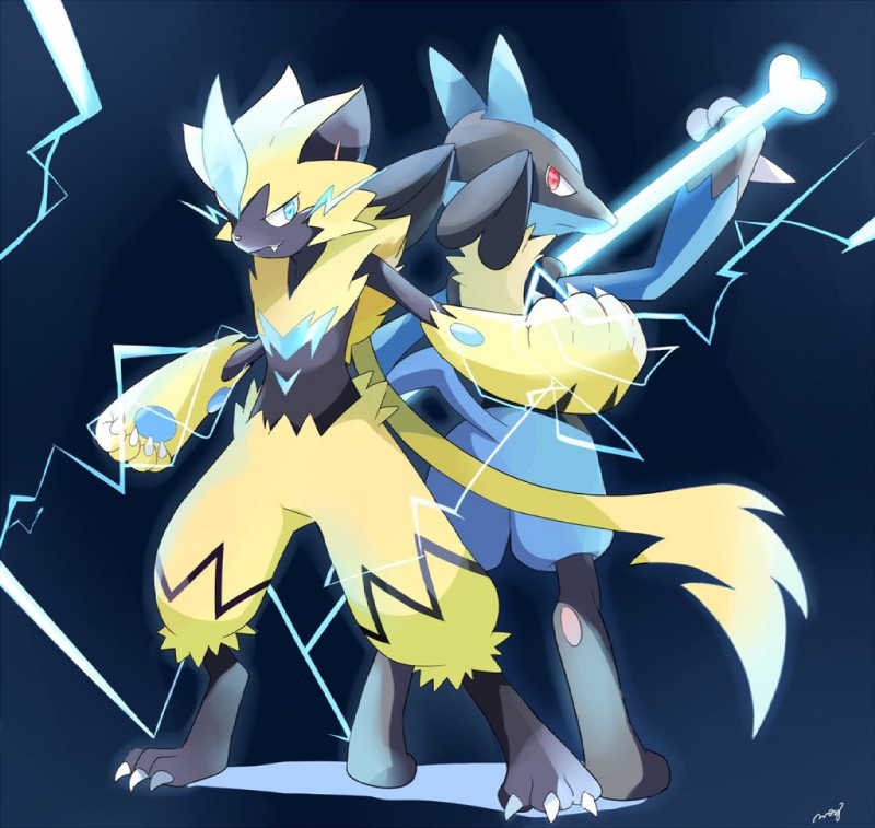 ambiguous_gender anthro back_to_back blue_body blue_fur bone_rush duo fur pokemon_move standing yellow_body yellow_fur maysroom picca nintendo pokemon canid canine felid generation_4_pokemon generation_7_pokemon legendary_pokemon lucario mammal pokemon_(species) zeraora