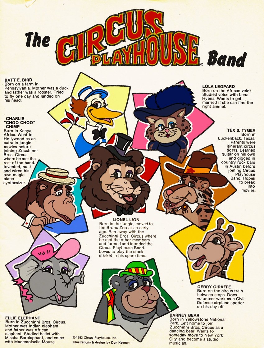 barney bear, lionel the lucky lion, ellie elephant, charlie chimp, gerry giraffe, and etc (circus playhouse food and emporium and etc) created by don keenan