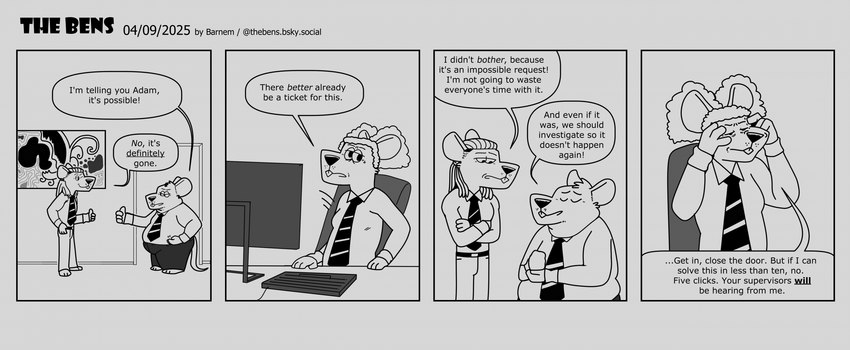 anthro bottomwear chair clothing computer dialogue electronics furniture male necktie overweight overweight_male pants shirt sitting text topwear barnem mammal murid murine rat rodent 2025 comic english_text hi_res monochrome