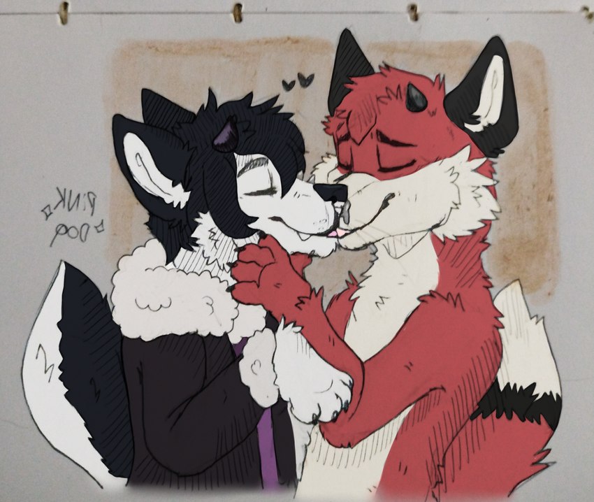 anthro duo facial_piercing fluffy fluffy_tail hand_on_head horn kiss_on_lips kissing male male/male nose_piercing nude piercing romantic romantic_couple septum septum_piercing tail rotten_paws rivey_ravenheart xfotzy canid canine canis domestic_dog fox husky hybrid mammal nordic_sled_dog spitz true_fox hi_res traditional_media_(artwork)