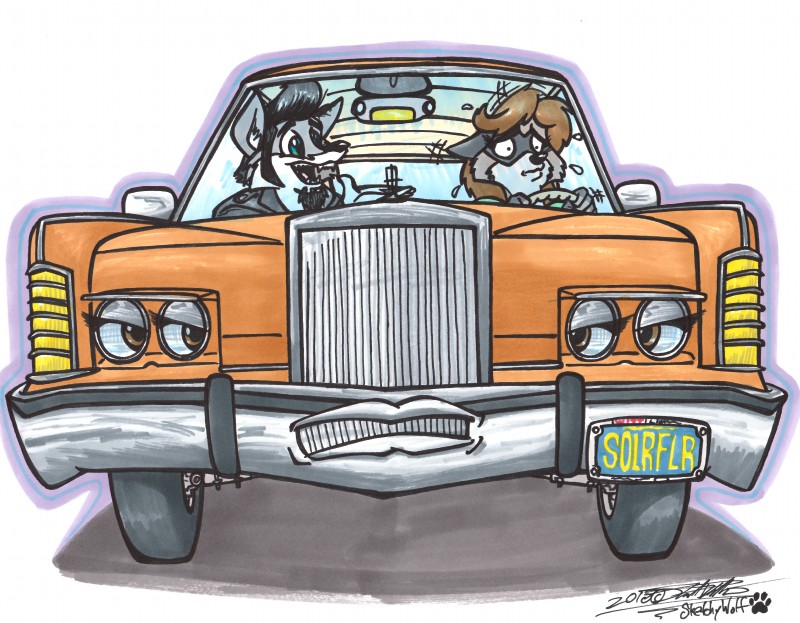 alternative_fashion car greaser husband_and_wife inside_car inside_vehicle married_couple rockabilly vehicle sketchywolf-13 ford lincoln_(car_brand) rebecca_koon sketchy_wolf canid canine canis mammal procyonid raccoon wolf absurd_res hi_res traditional_media_(artwork)