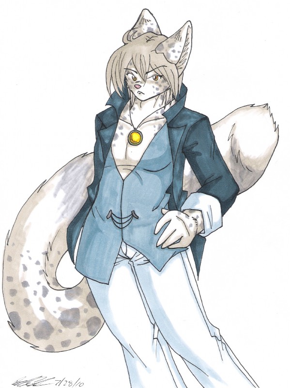 anthro biped clothed clothing fur looking_at_viewer male solo spots standing white_body white_fur koshkio viktor_(koshkio) domestic_cat felid feline felis mammal 2010 dated hi_res signature