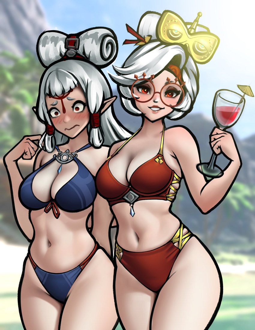 accessory beverage bikini blue_bikini blue_clothing blue_swimwear blurred_background blush blush_lines breasts clothed clothing container cup drinking drinking_glass duo eyebrows eyelashes eyewear female glass glass_container glass_cup glasses hair hair_accessory hair_bun hair_sticks holding_beverage holding_object humanoid_pointy_ears navel not_furry outside pointy_ears red_bikini red_clothing red_eyes red_swimwear round_glasses smile swimwear two-piece_swimsuit white_hair jackarydraws nintendo the_legend_of_zelda paya purah humanoid sheikah 2025 hi_res