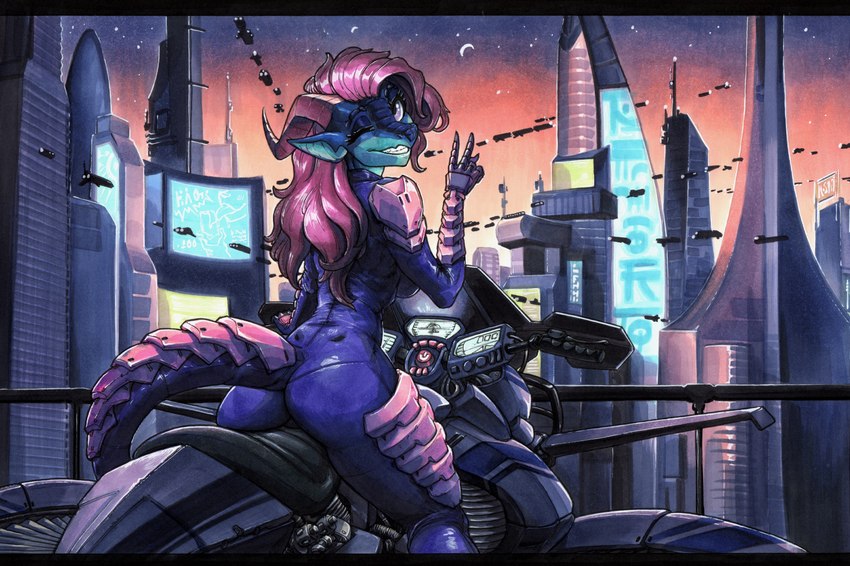 5_fingers aircraft anthro biped blue_body blue_clothing blue_scales blue_skinsuit bodysuit city cityscape clothing detailed_background female fingers futuristic futuristic_city gesture hair hand_gesture long_hair one_eye_closed purple_eyes purple_hair scales skinsuit solo tight_clothing v_sign vehicle ewgengster european_mythology mythology dragon mythological_creature mythological_scalie scalie western_dragon wingless_dragon 2024 absurd_res hi_res traditional_media_(artwork)