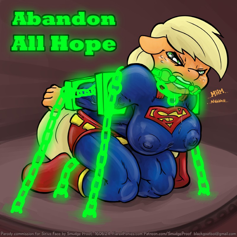 anthro anthrofied bdsm bit_gag bodily_fluids bondage bound bridle chain cosplay drooling female gag gagged kryptonite looking_at_viewer nipples saliva solo submissive submissive_female text smudge_proof dc_comics friendship_is_magic hasbro my_little_pony applejack_(mlp) superman supermare earth_pony equid equine horse mammal pony 1:1 crossover english_text hi_res url