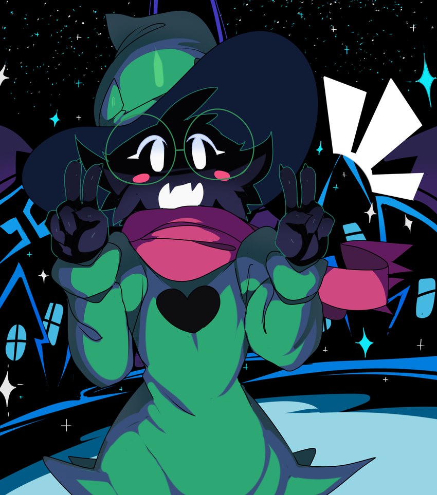 anthro black_body black_fur blush city cityscape clothed clothing cute_fangs double_v_sign eyewear fangs fully_clothed fur gesture glasses green_clothing hand_gesture happy hat headgear headwear heart_symbol male open_mouth outside robe scarf solo teeth v_sign wizard_hat captainkirb deltarune undertale_(series) ralsei bovid caprine darkner goat mammal 2019 absurd_res hi_res portrait