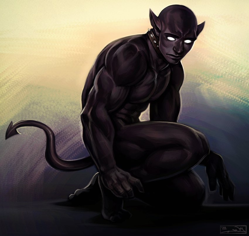 abs bald biceps black_body black_skin collar empty_eyes humanoid_pointy_ears kneeling looking_at_viewer male mouth_closed muscular muscular_humanoid muscular_male not_furry nude pecs pointy_ears simple_background solo spade_tail spiked_collar spikes tail white_eyes notesz brutus_(imptastic) demon humanoid 2020 absurd_res full-length_portrait hi_res portrait