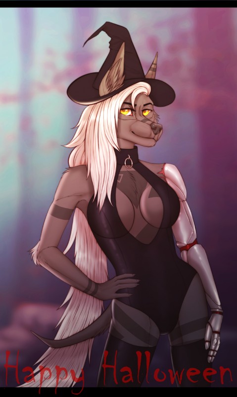 anthro bodysuit clothed clothing cybernetics female hair hand_on_hip hat headgear headwear legwear long_hair looking_at_viewer machine robot_arm skinsuit solo standing thigh_highs tight_clothing witch_hat zumjakal charlotte_hollowfang canid canine canis jackal mammal 2019 absurd_res hi_res shaded