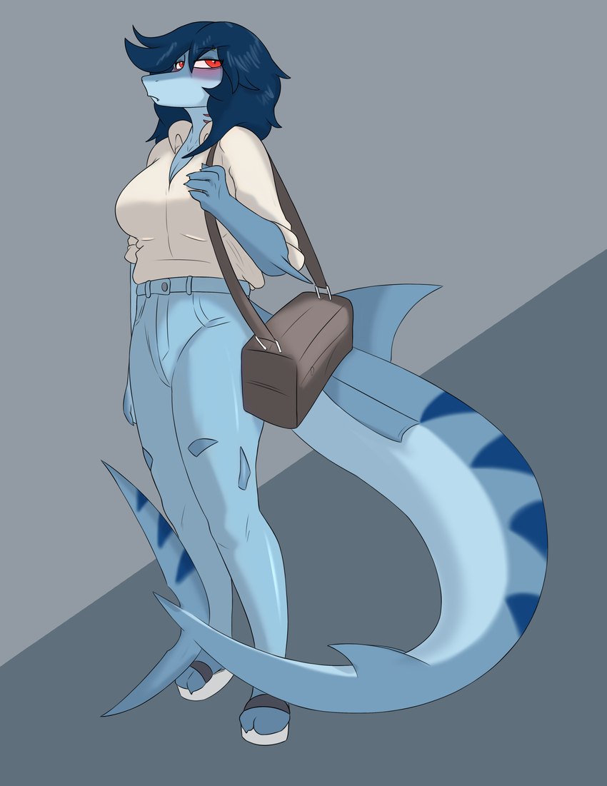 anthro big_breasts biped blue_body blue_bottomwear blue_clothing blue_hair blue_pants blue_scales blush bottomwear breasts clothed clothed_anthro clothed_female clothing denim denim_bottomwear denim_clothing feet female fin fingers footwear frown grey_background hair humanoid_feet humanoid_hands jeans long_hair long_tail looking_aside looking_at_viewer markings multicolored_body multicolored_scales non-mammal_breasts pants plantigrade red_eyes sandals scales shirt shoes simple_background solo standing striped_markings stripes tail three-quarter_view toes topwear white_clothing white_shirt white_topwear hyuvevo cavemanon_studios snoot_game valerie_(capsaicinmellow) fish marine shark 2024 absurd_res artist_name colored full-length_portrait hi_res portrait